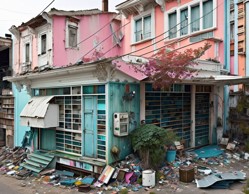 Abandoned two-story building with peeling pastel paint and overgrown vegetation