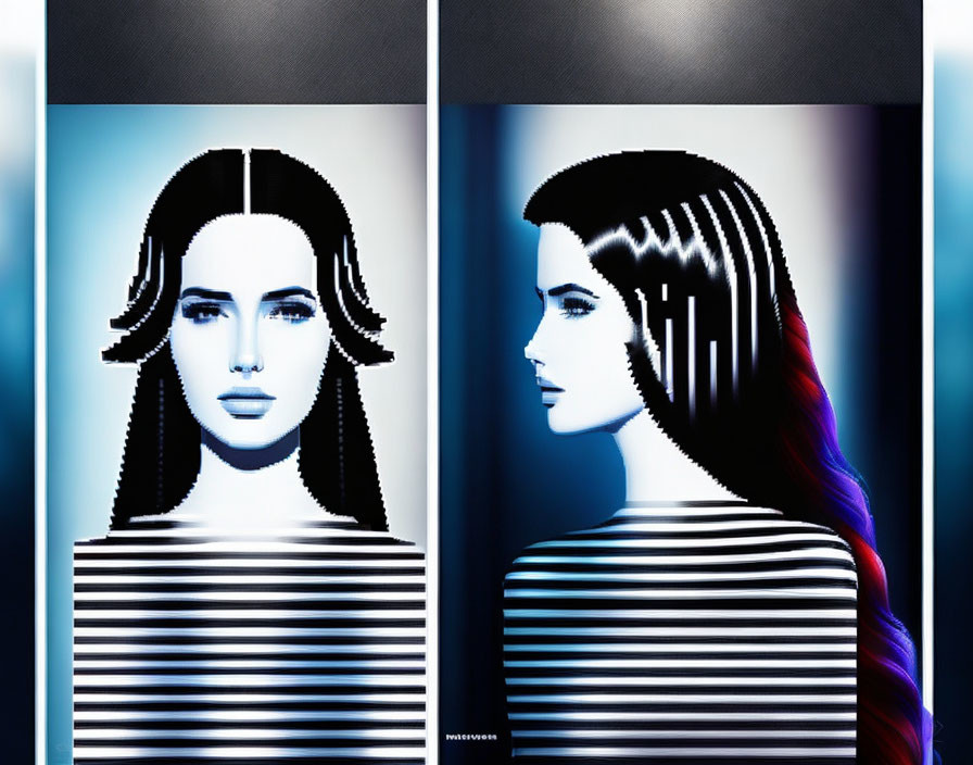 Stylized woman's portrait: split view, grayscale vs. color, striped pattern