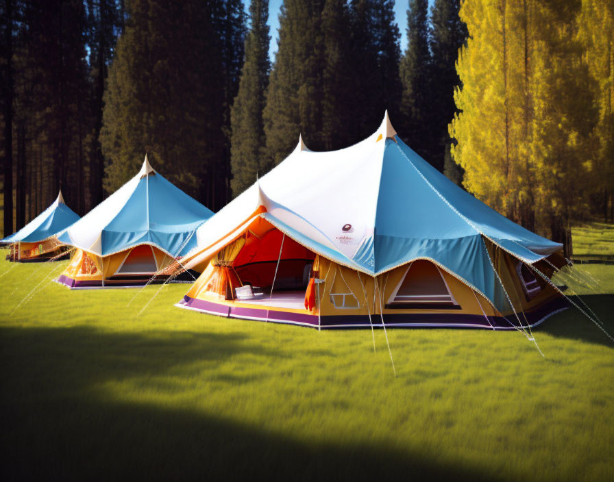 Luxury Camping Tents on Grassy Field Surrounded by Trees