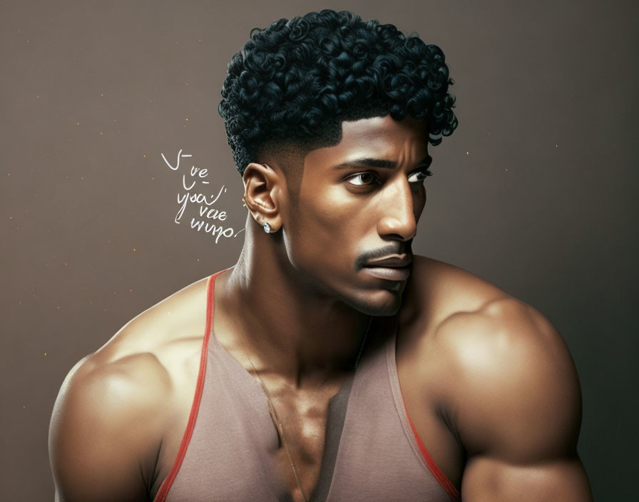 Muscular man with curly hair in tank top on brown background