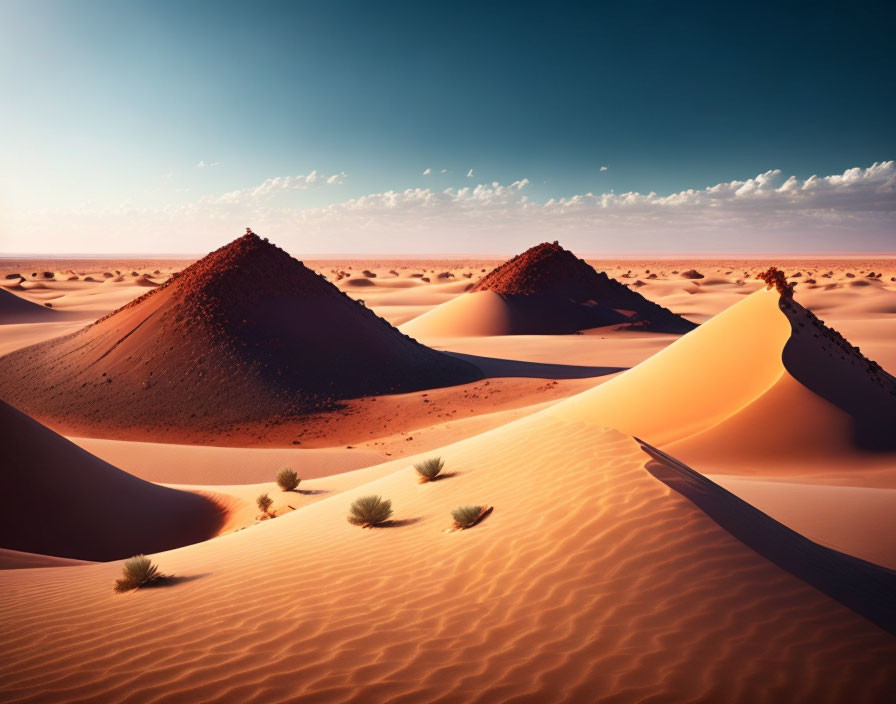 Vibrant sunset landscape with orange sand dunes, shadows, sparse vegetation, and red rocky peaks