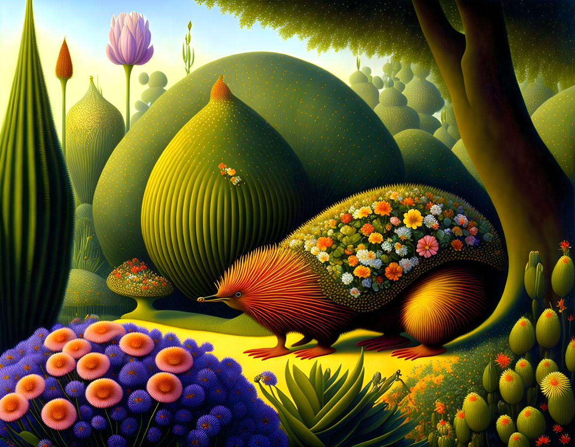 Colorful hedgehog painting in whimsical garden landscape