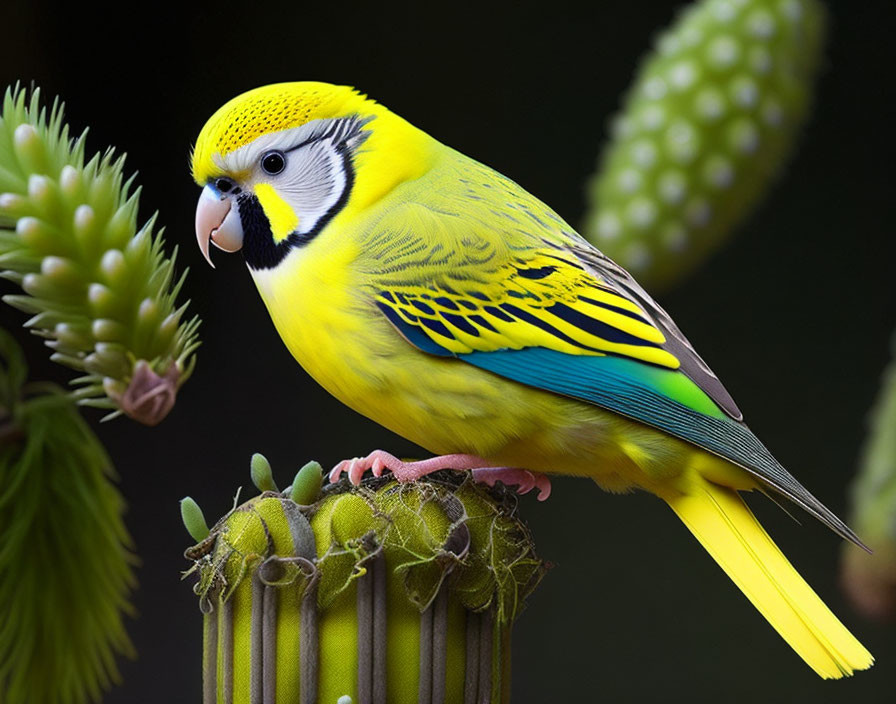 Colorful Budgerigar Perched on Green Cactus with Blurred Background