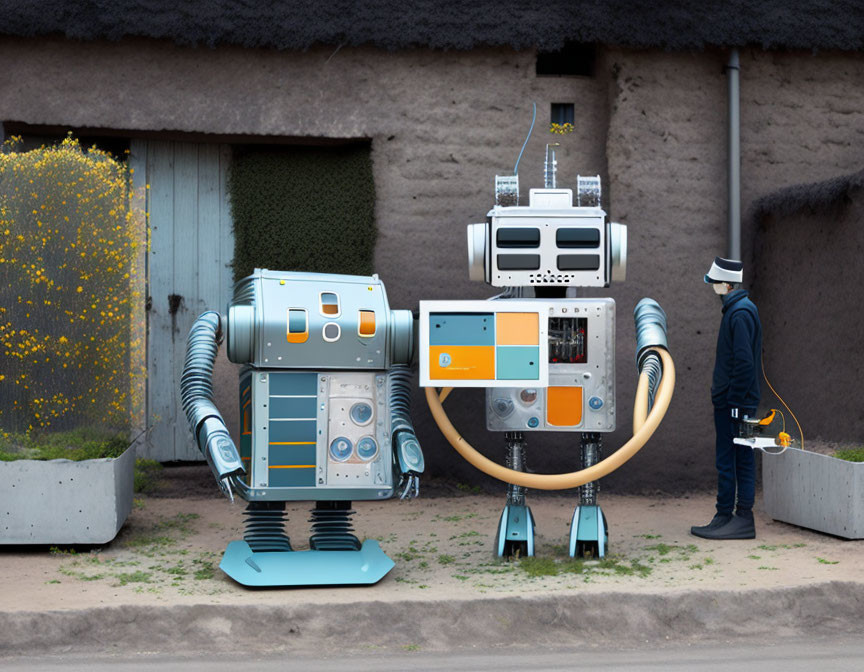 Whimsical vintage electronics robots with detective in outdoor scene