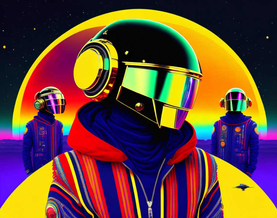 Colorful digital artwork: three figures in futuristic helmets and stylish outfits against cosmic backdrop.