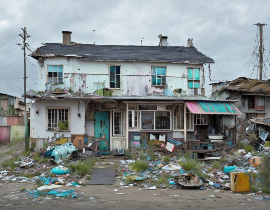 Abandoned two-story house with peeling paint amid debris under cloudy sky