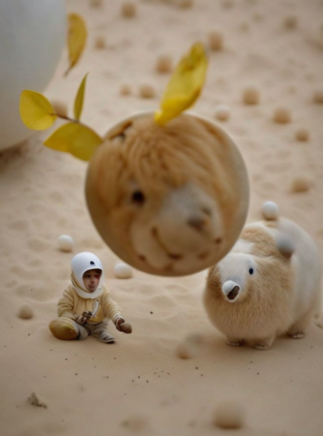 Surreal image: small person in costume with fluffy creatures, winged lemon, sandy backdrop