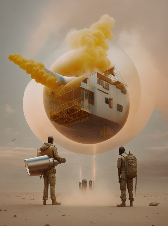 Surreal floating house with rocket engines and jet pack people in desert landscape