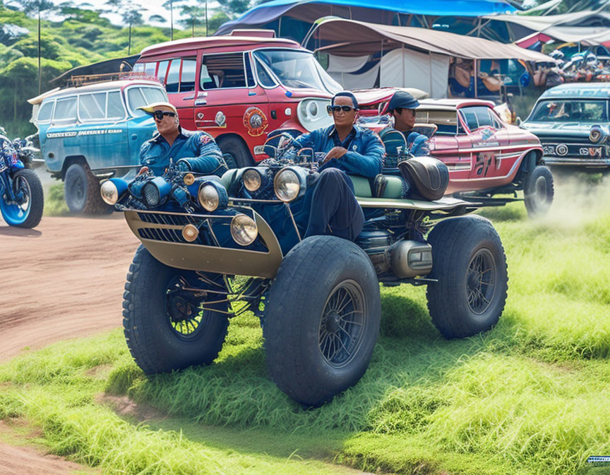 Two people on custom quad bike with large tires, vintage vans in background