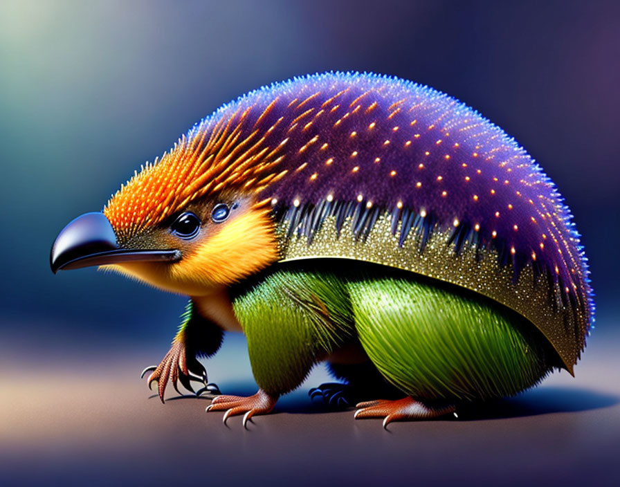 Colorful creature with avian and mammalian features in orange, purple, and green