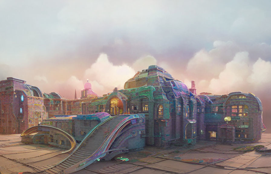 Futuristic cityscape with iridescent buildings and pastel-colored sky