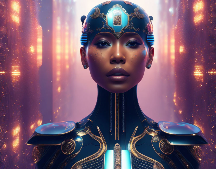 Futuristic African woman with golden headgear and armor amid glowing lights