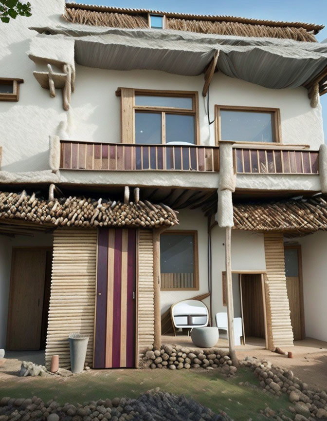 Traditional two-story building with thatched roof, wooden balconies, clay walls, and modern chairs