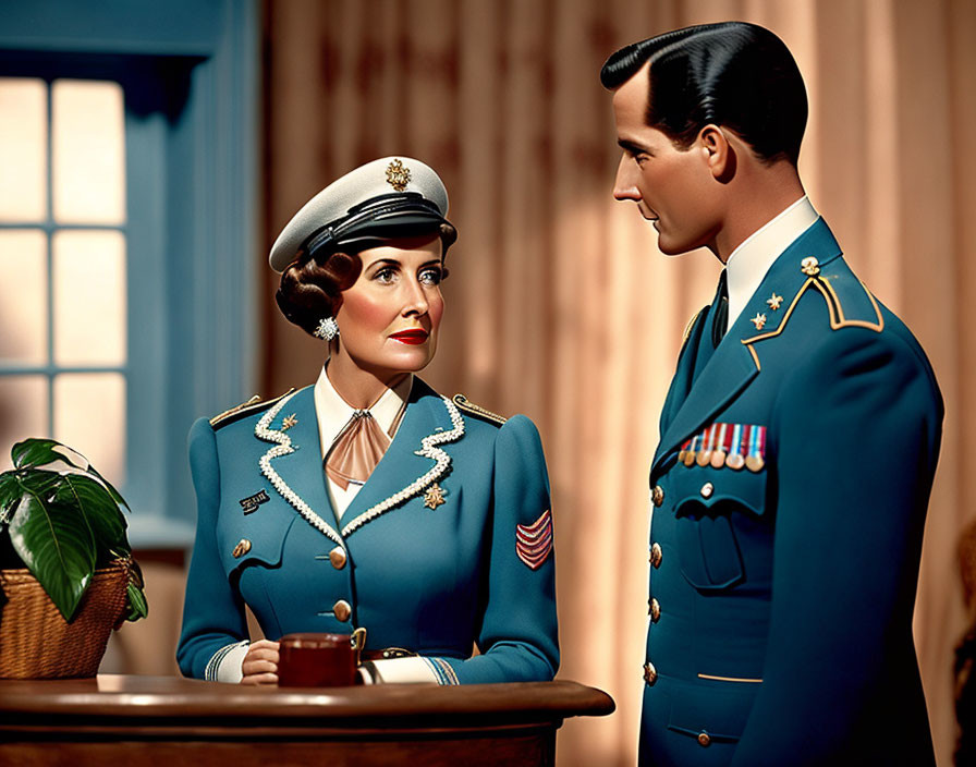 Vintage-style animated characters in military uniforms converse in retro setting