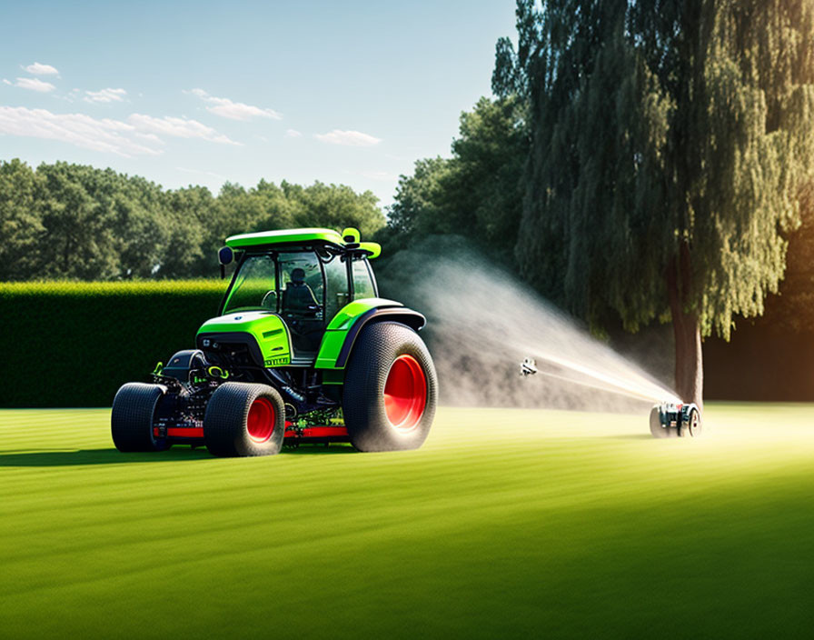 Green tractor watering lush grass field near tall trees under clear sky