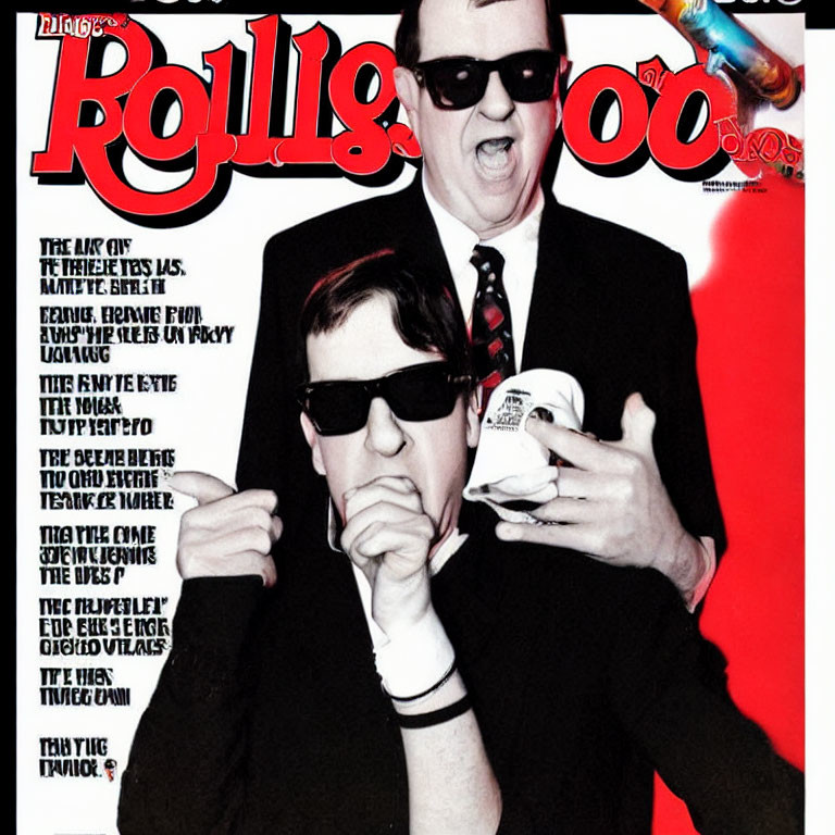 Two Men in Sunglasses on Magazine Cover with Red and White Text