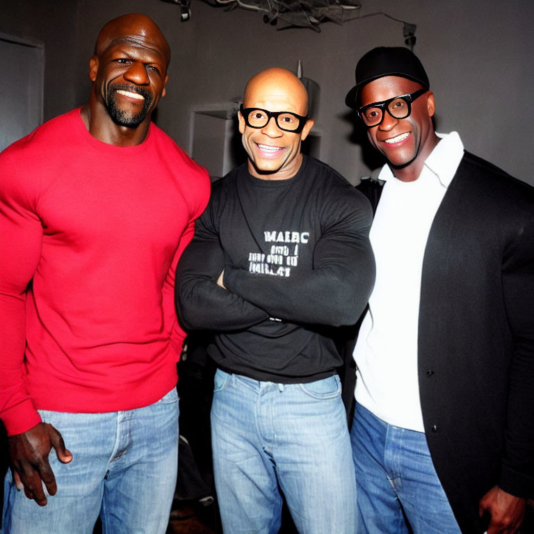 Three Men Smiling in Glasses, Red Shirt, Gray Tee & Black Jacket