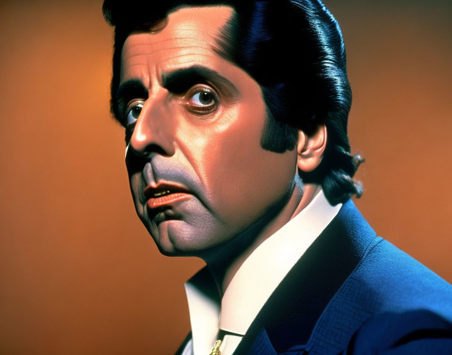 Dark-haired man in dramatic makeup poses in blue suit on orange background