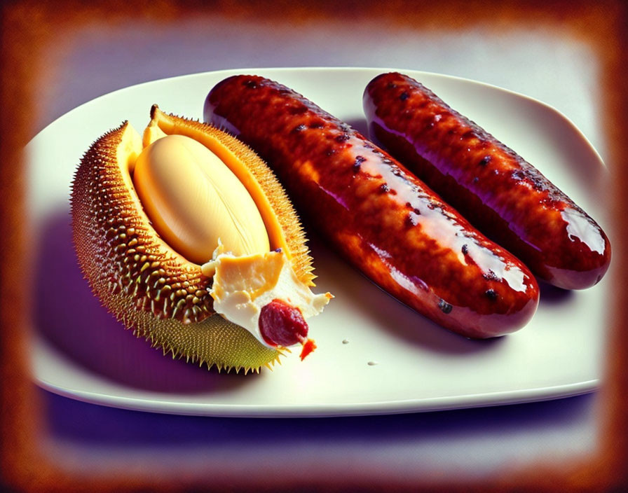 Grilled sausages and monstera fruit on white plate with blurred background