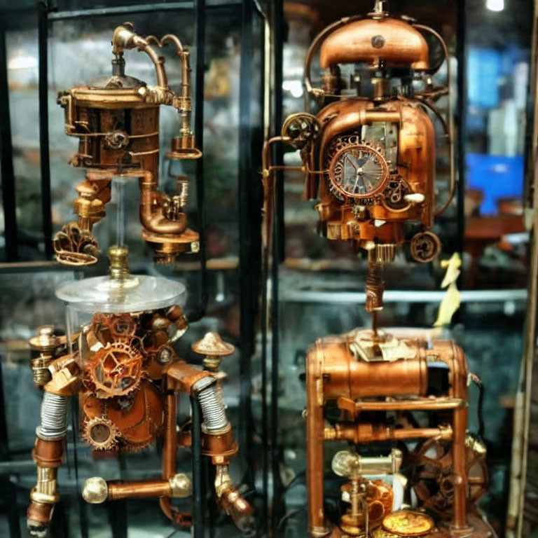 Steampunk-inspired machine sculptures with gears and metallic finishes on glass shelf