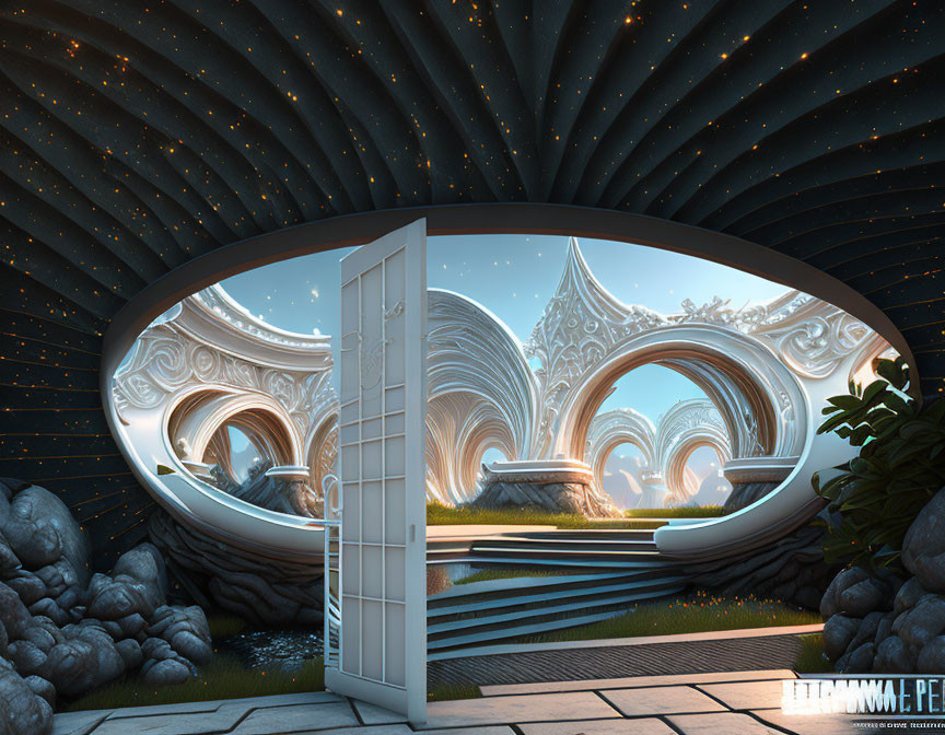 Elaborate futuristic room with arched doorway and serene landscape