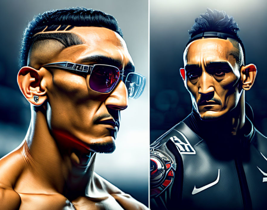 Stylized digital portraits of man with mohawk and sunglasses, one in sports jersey