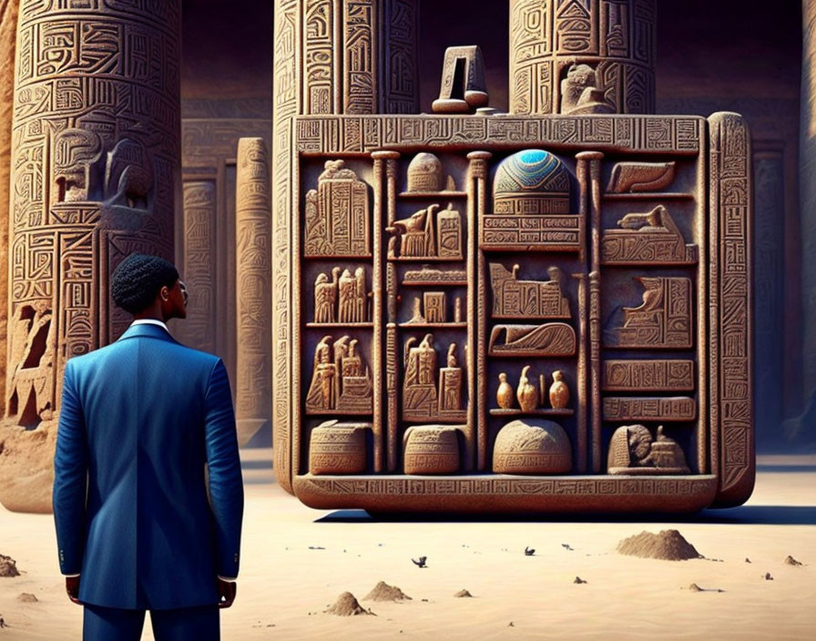 Man in blue suit with Egyptian hieroglyph tablet in desert setting.