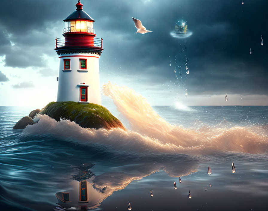 Surreal lighthouse on wave with floating island under stormy sky