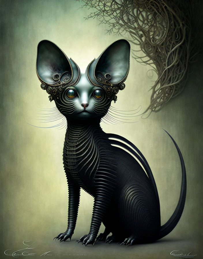 Stylized black cat with oversized ears and glowing eyes