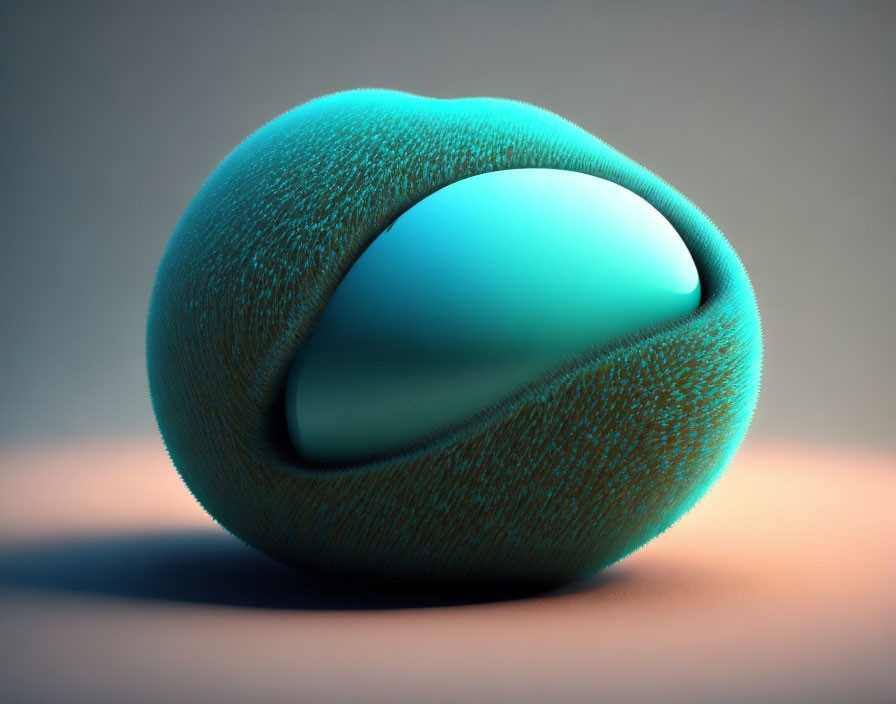 Turquoise sphere with velvety texture and blue shell on gray background