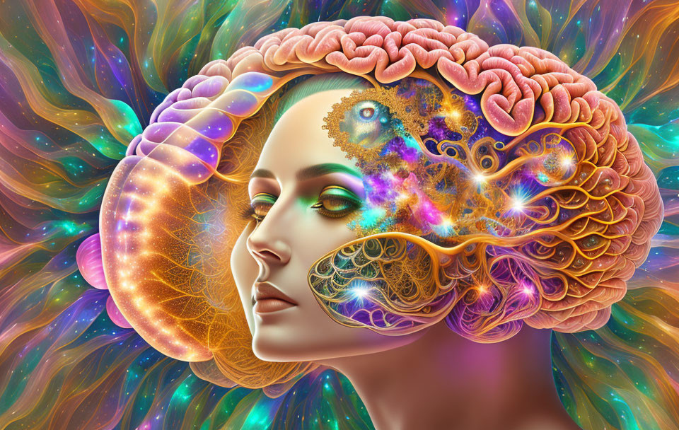 Colorful woman's profile with detailed brain and cosmic patterns