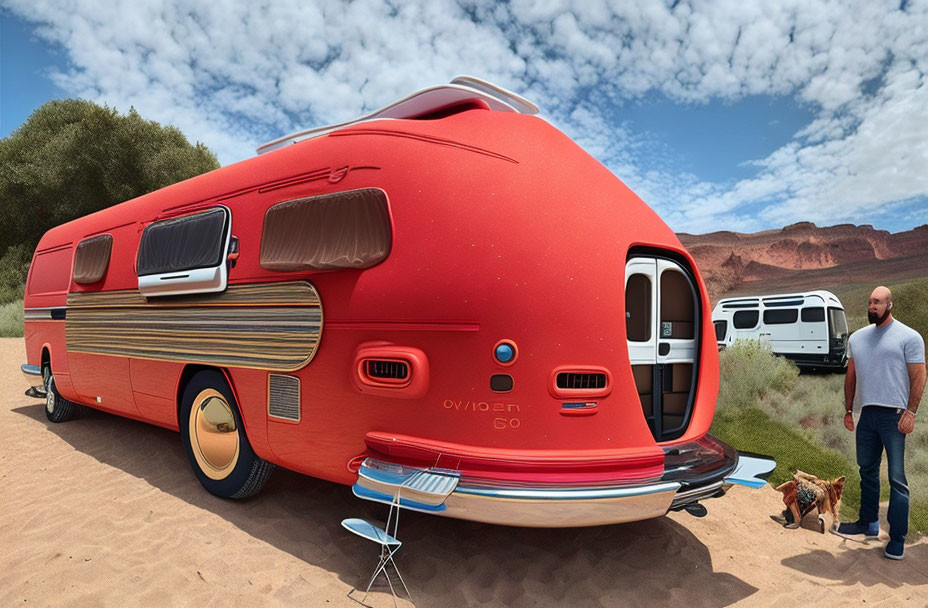 Futuristic red RV in desert with person and dog