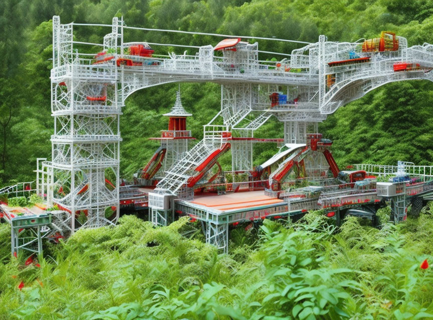 Detailed model train setup with red and white bridges in lush green scenery