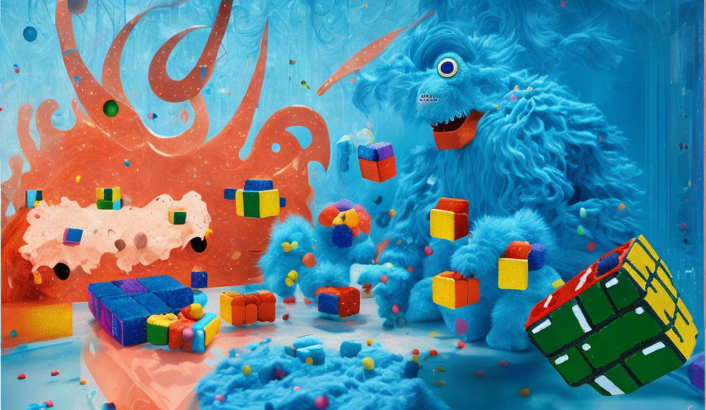 Colorful graffiti background with blue furry monster and exploding Rubik's cubes