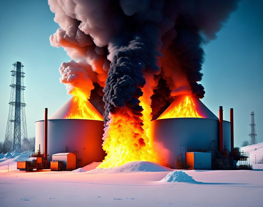 Burning industrial facility with storage tanks in snowy landscape