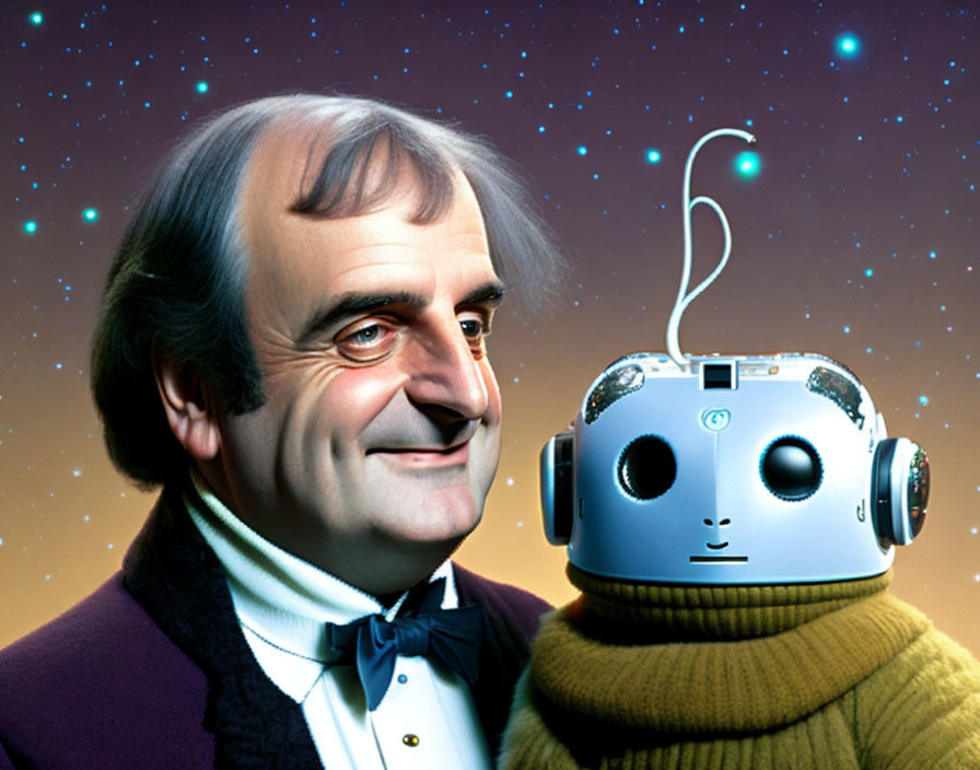 Smiling man in suit with bow tie next to friendly robot under starry sky