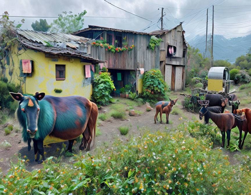 Dilapidated roof on rustic house with colorful goats in lush greenery