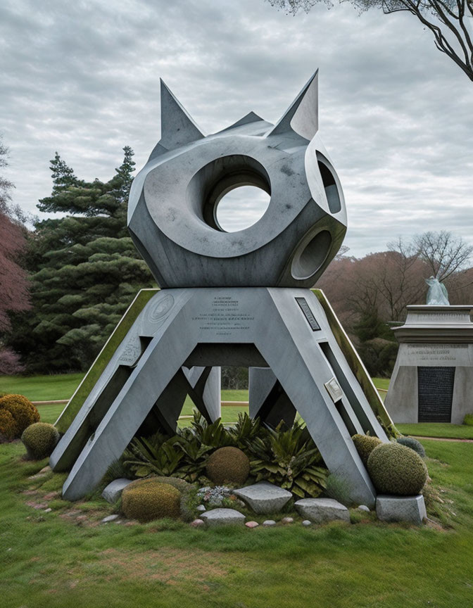 Abstract Cat-Shaped Metal Sculpture with Circular Openings on Landscaped Pedestal