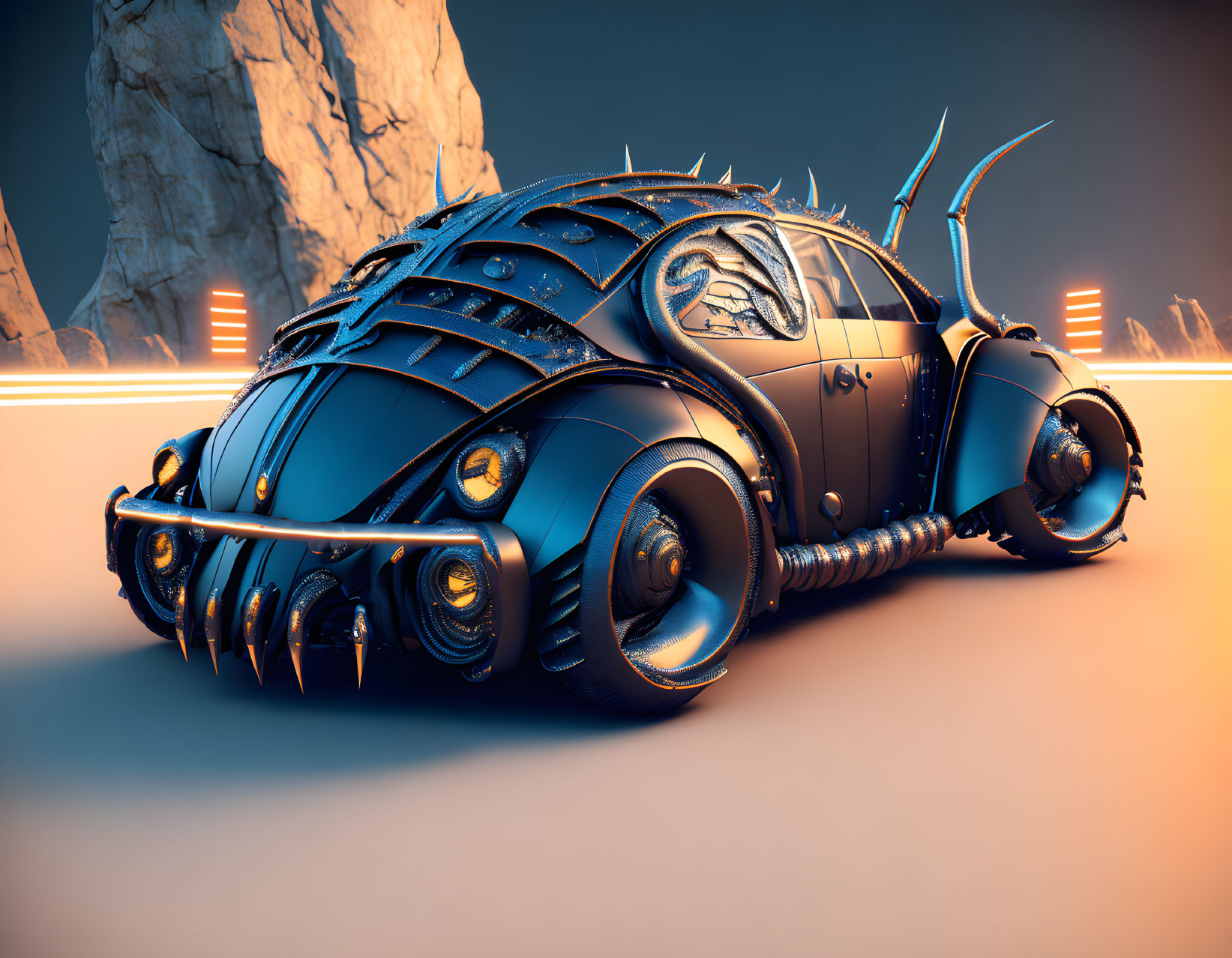 Futuristic insect-inspired armored car in desert setting