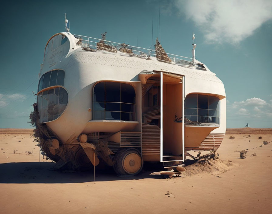 Abandoned retro-style vehicle in futuristic desert setting