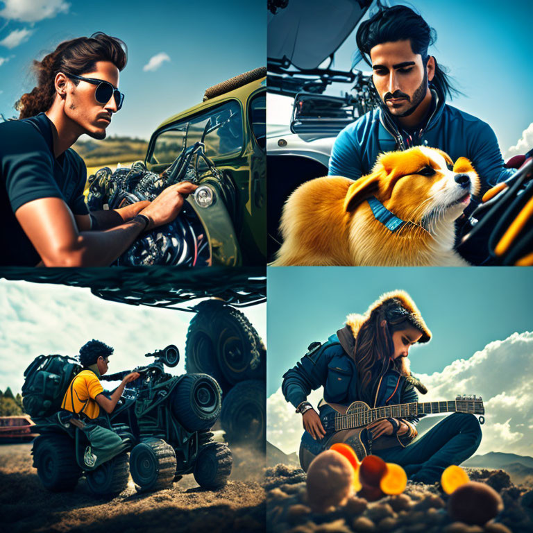 Four Images of People and Dog in Various Activities: Car Repair, Petting, Filming, Guitar