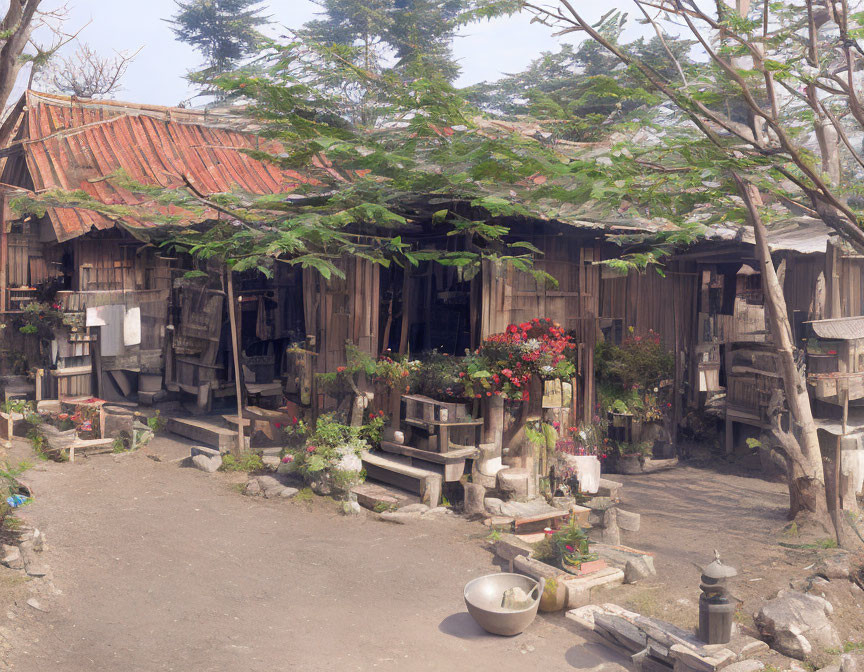 Weathered wooden house with tin roof, trees, and potted plants - rustic charm.