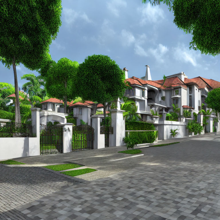 Tranquil street with white two-story houses and red tile roofs