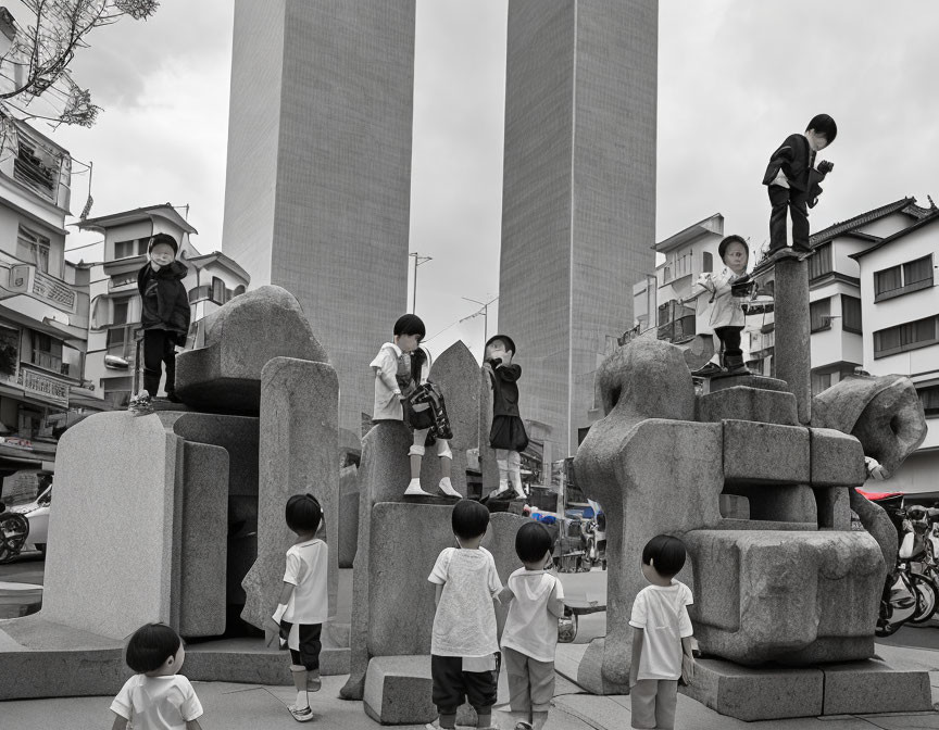 Kids interact with urban sculpture in black and white cityscape