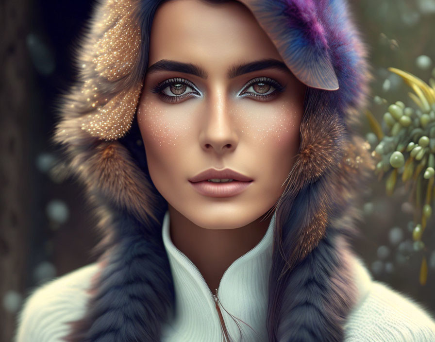 Portrait of woman with blue eyes in fur hood, freckles, wintry background