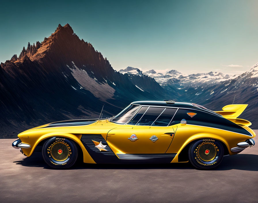 Yellow Sports Car with Black Detailing and Racing Decals Against Mountainous Backdrop