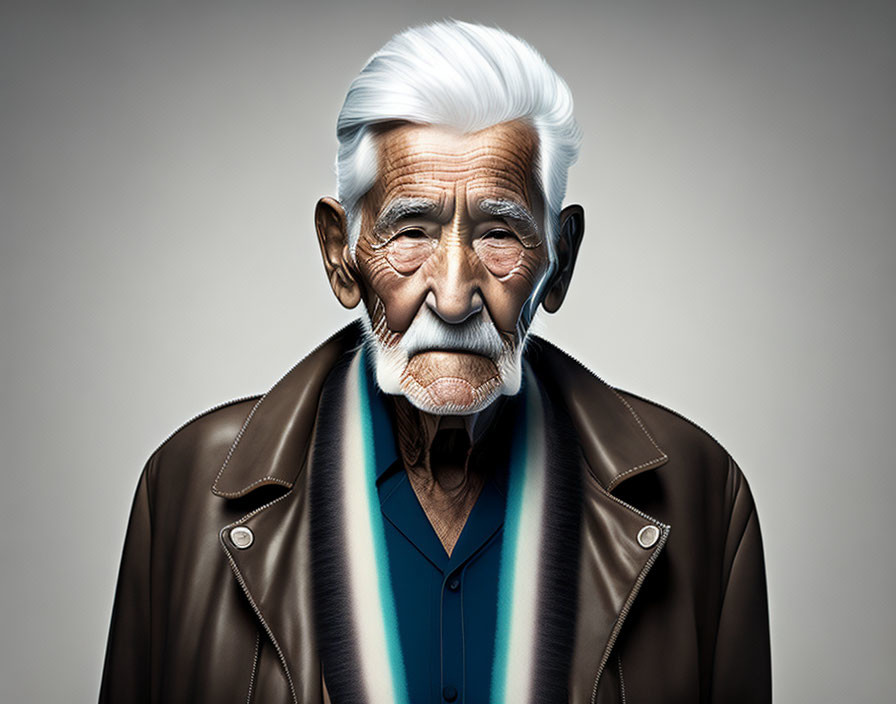 Elderly Man in Brown Leather Jacket and Blue Shirt on Grey Background