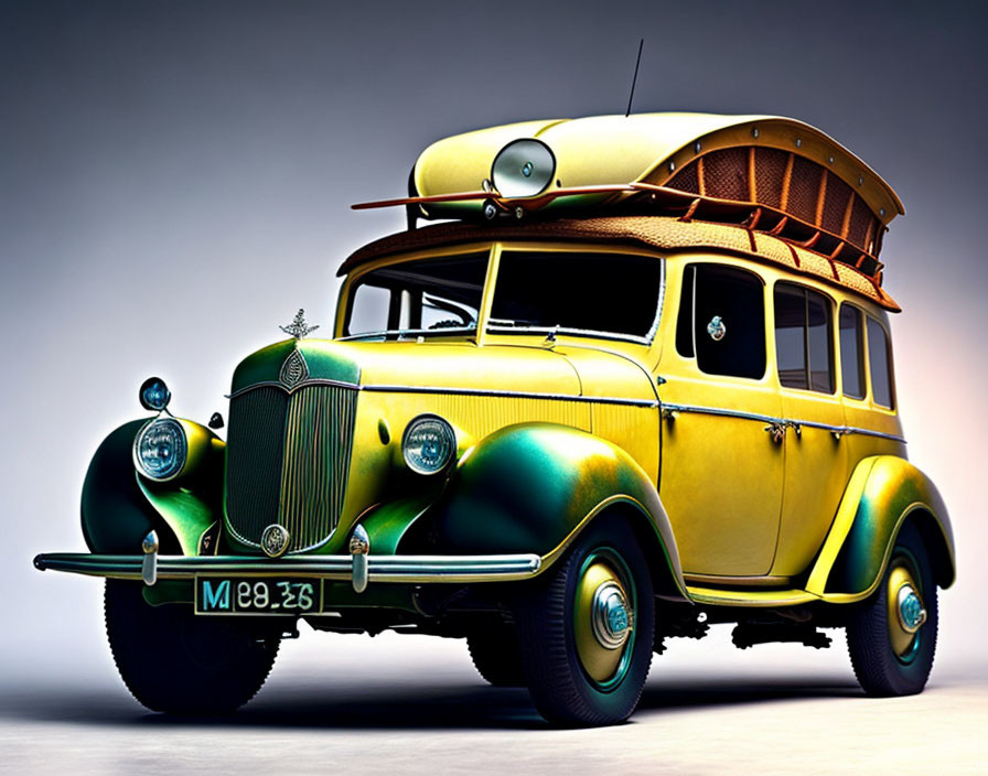 Classic Vintage Yellow and Green Car with Surfboard on Roof Rack