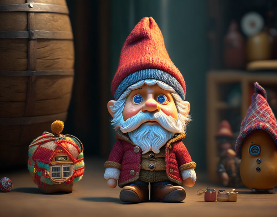 Colorful 3D illustration of gnome with red hat and beard in cozy room