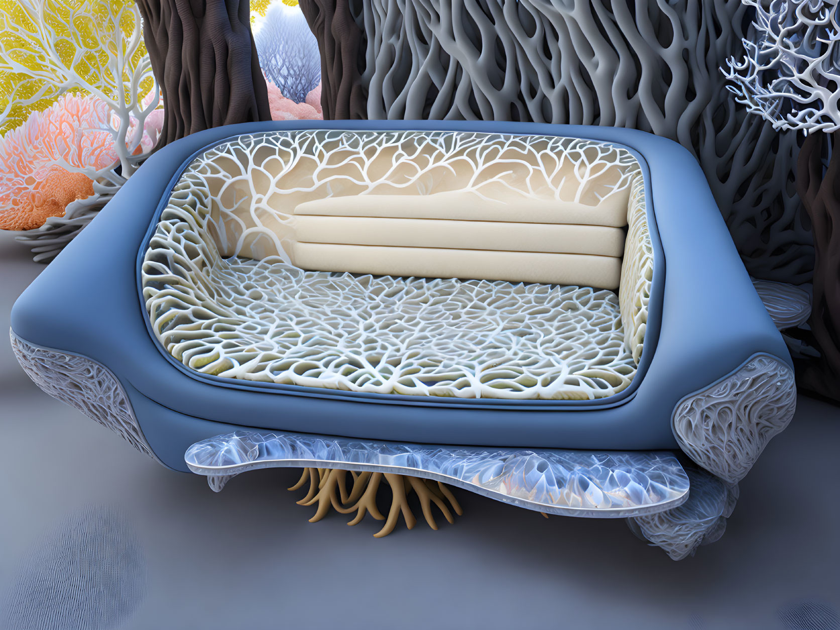 Futuristic Biomorphic Sofa with Coral-like Patterns and Blue Exterior